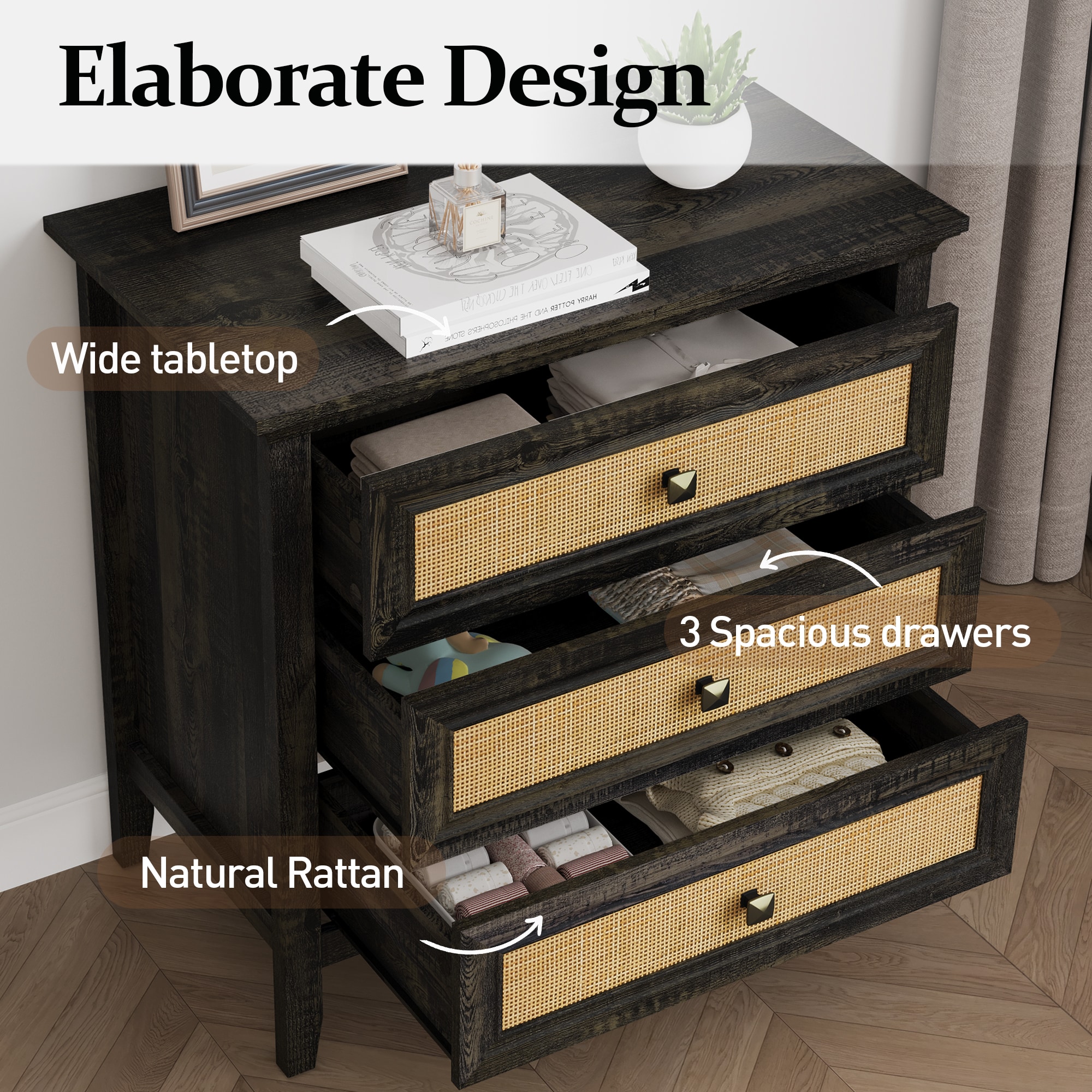 3 Drawer Dresser Rattan Dresser Wood Chest Of Drawers Farmhouse Closet Dressers Modern Bedside Table Rustic Nightstand Storage Cabinet For Bedroom, Hallway, Living Room, Dark Rustic Oak_maomaolike.com